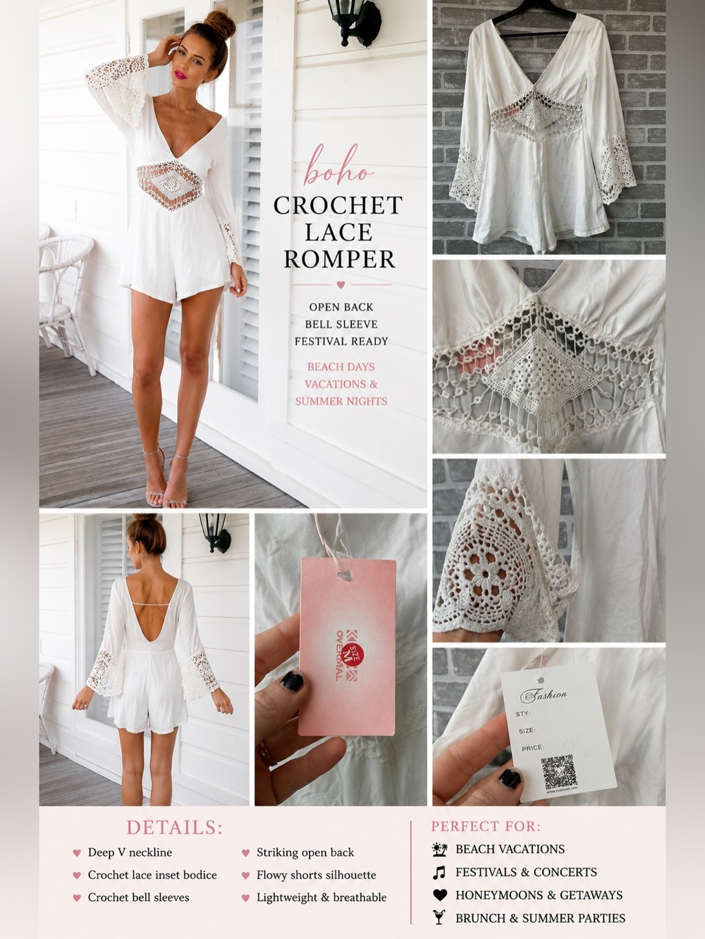 White Boho Crochet Lace Open Back Romper Bell Sleeve Festival Beach Playsuit Med